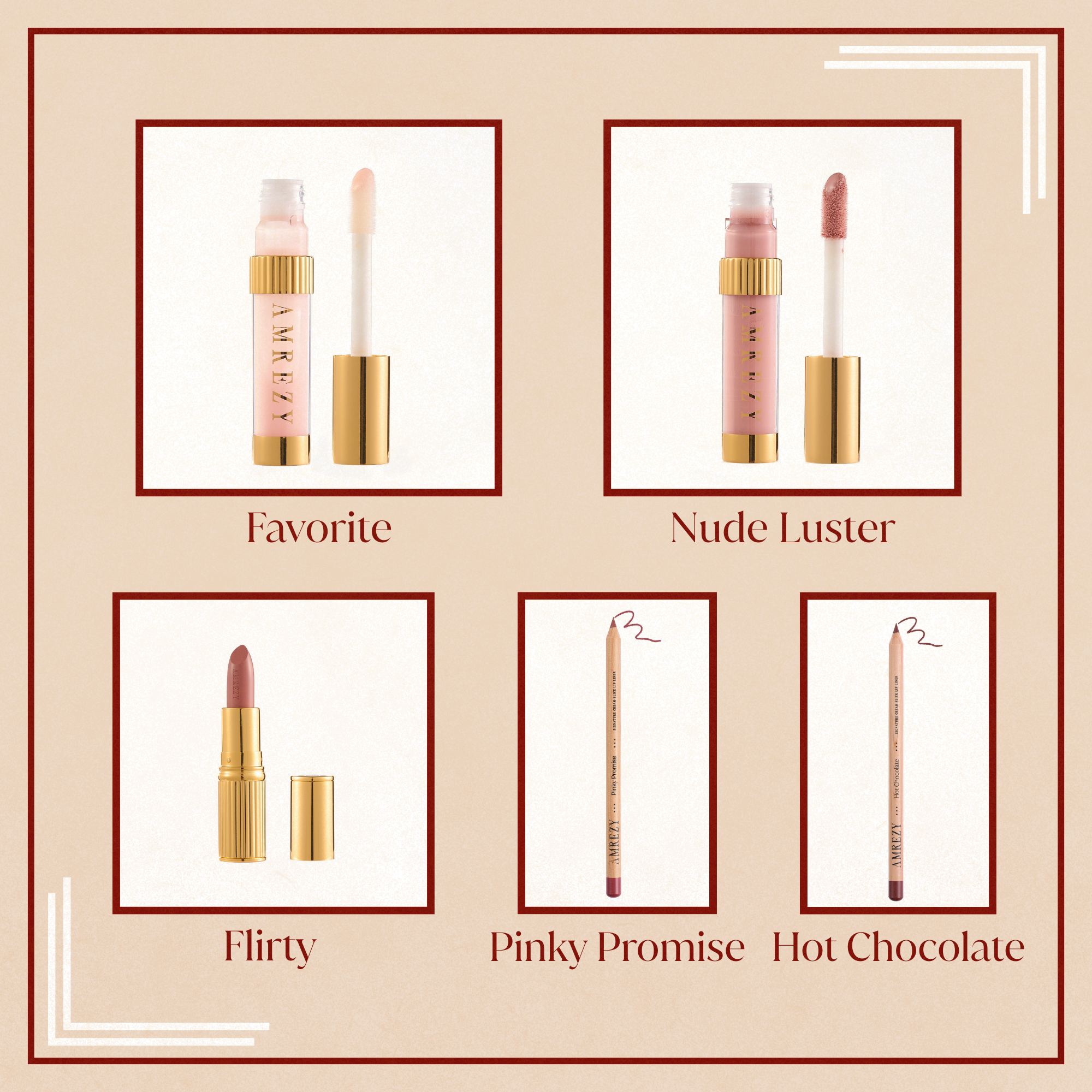 Collection of lip products including lip glosses and a lipstick on a beige background.