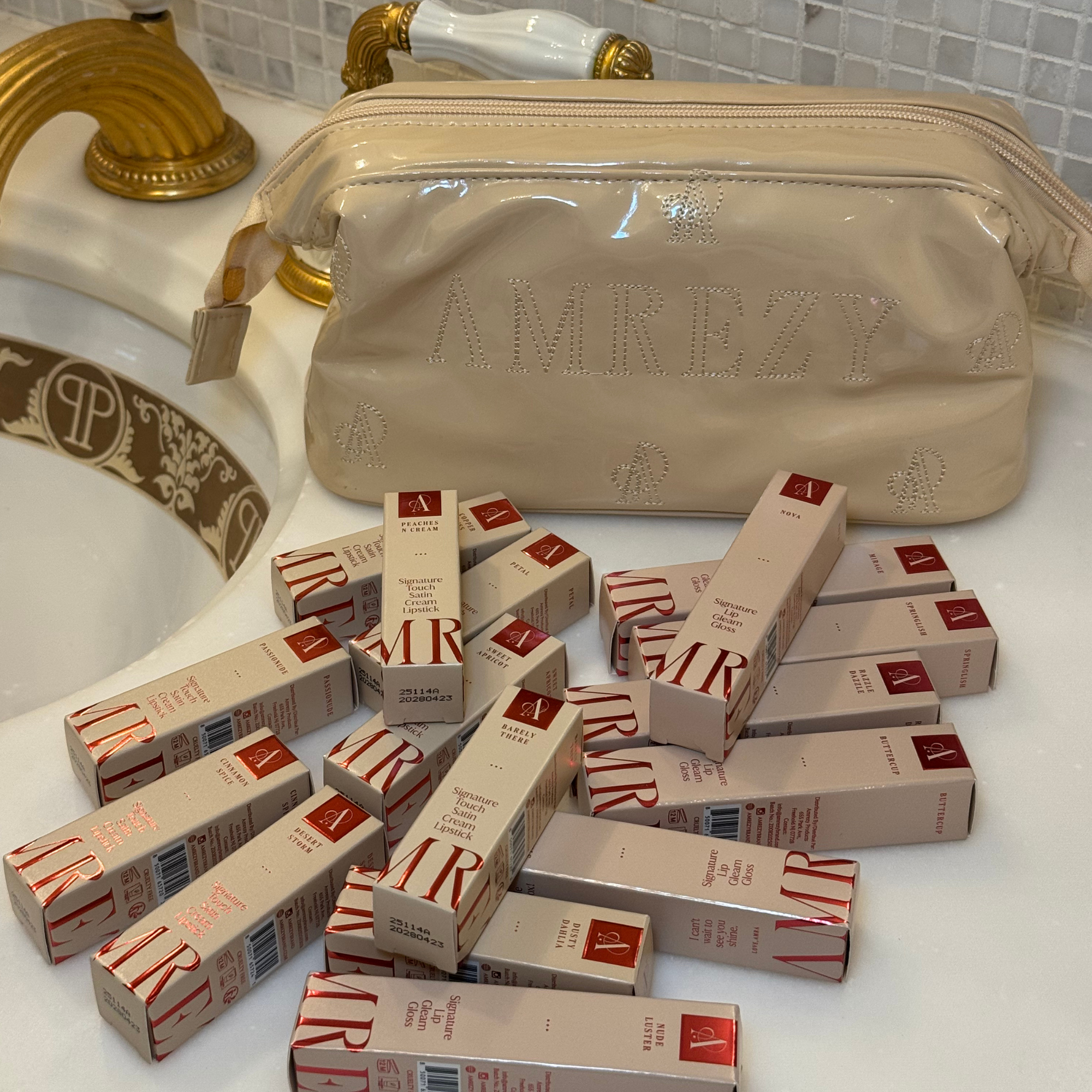 Cosmetic bag with multiple boxes labeled 'AMREZY' on a bathroom counter.